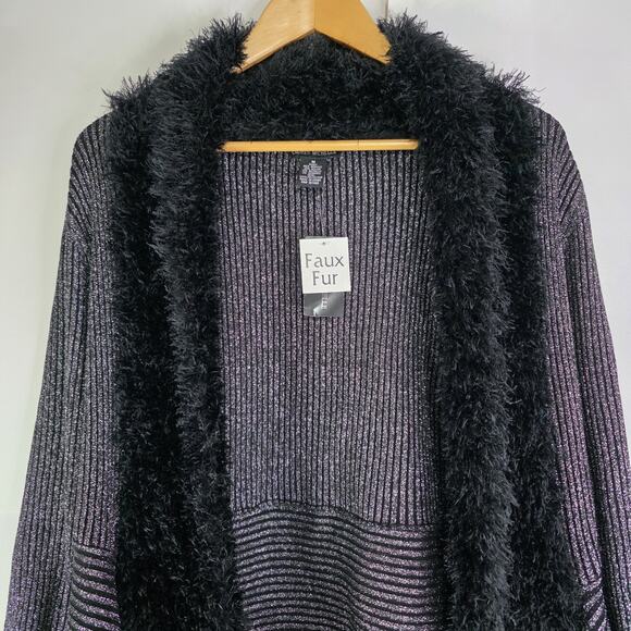 Lauren Michelle Silver Black Sparkly Fuzzy Trim Cardigan Size Medium Party - Picture 2 of 13